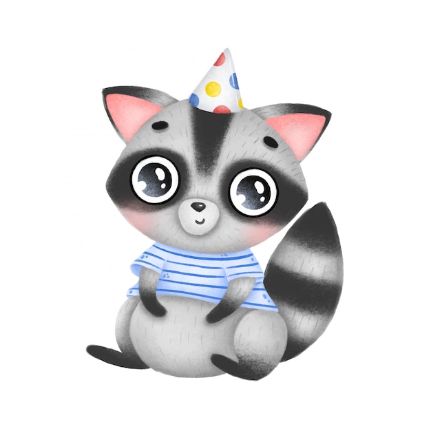 Mapache gordo de dibujos animados lindo con una gorra de cumpleaños y una camisa a rayas está sentado