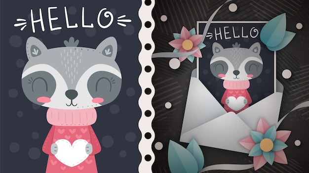 Mapache con idea de corazón para tarjeta de felicitación. Dibujar a mano