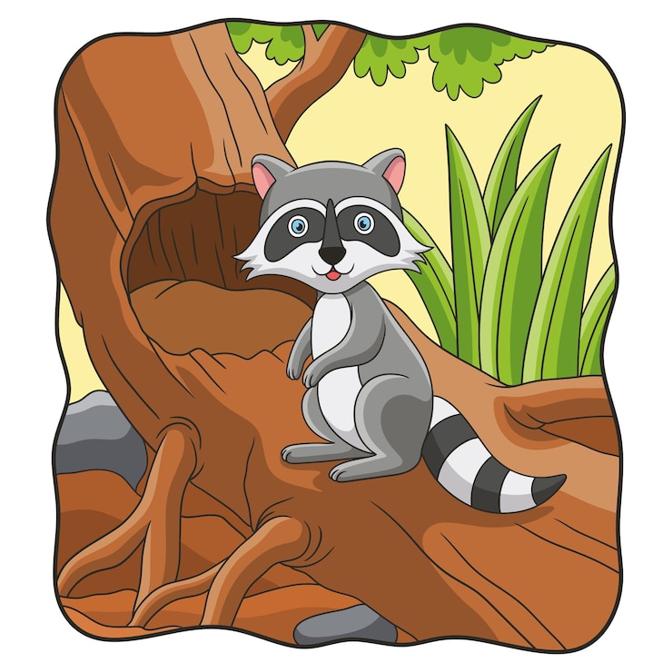 Vector mapache de ilustración de dibujos animados de pie sobre un árbol grande