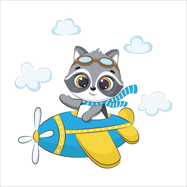Mapache lindo bebé está volando en un avión. Ilustración vectorial de dibujos animados.
