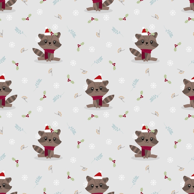 Mapache lindo bebé en vector de patrones sin fisuras de la temporada de Navidad