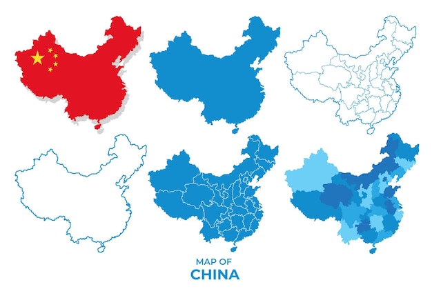 Mapas de China en diferentes estilos conjunto de ilustraciones vectoriales del contorno de la bandera del mapa político