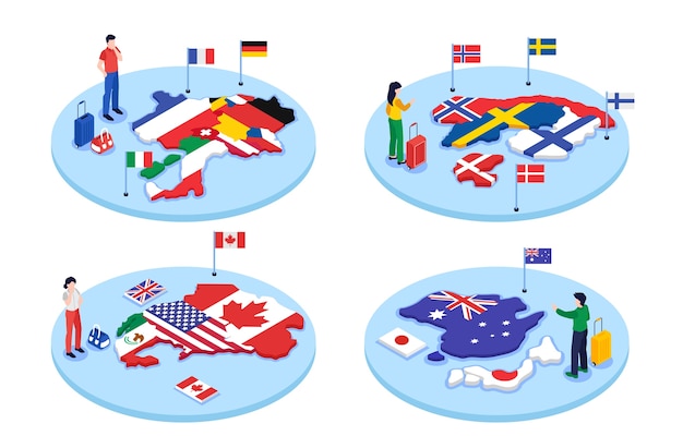 Mapas isométricos de países con personas