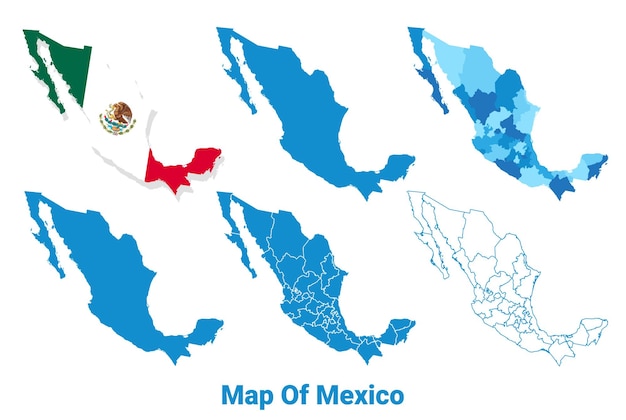 Mapas de México en diferentes estilos mapa político contorno de bandera conjunto de ilustraciones vectoriales