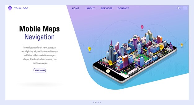 Mapas móviles Concepto de navegación y seguimiento Mapa de la ciudad isométrica Diseño de aplicaciones Infografía