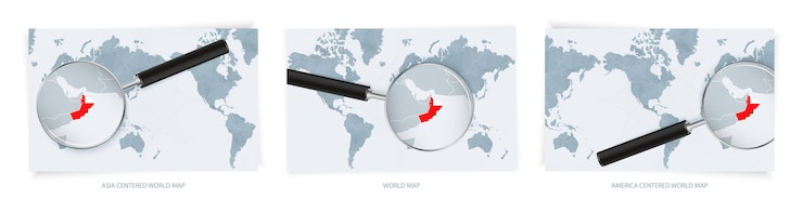 Vector mapas del mundo abstracto azul con lupa en el mapa de omán