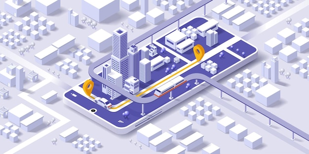 Mapas y navegación en línea en la aplicación móvil Plan isométrico de la ciudad con carreteras y edificios GPS Mapa mundial Concepto de ciudad inteligente isométrica Ilustración de vector 3d