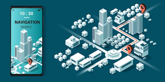 Mapas y navegación en línea en la aplicación móvil plan isométrico de la ciudad con carreteras y edificios mapa mundial concepto de ciudad inteligente isométrica ilustración de vector 3d