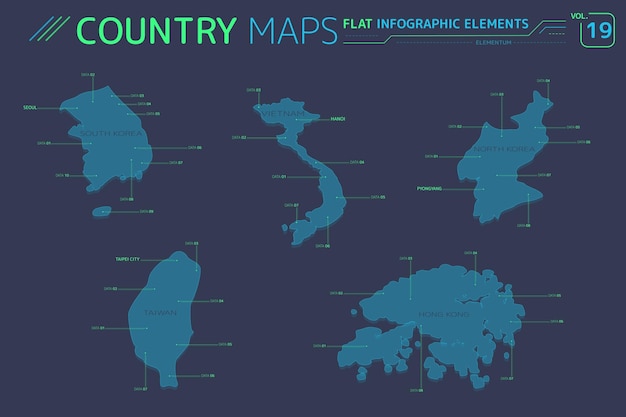 Mapas vectoriales de corea del norte, corea del sur, taiwán, vietnam y hong kong