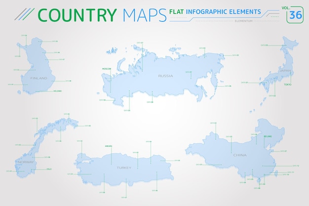 Mapas vectoriales de finlandia, rusia, turquía, noruega, china y japón