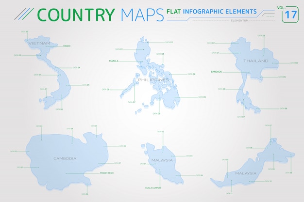 Mapas vectoriales de vietnam, malasia, filipinas, tailandia y camboya