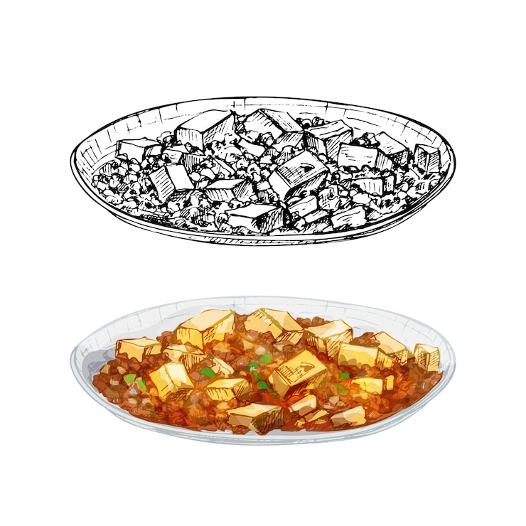 Vector mapo tofu en plato. ilustración de dibujado a mano de color de eclosión de vector vintage aislado sobre fondo blanco