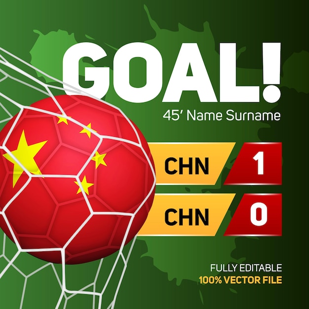 Maqueta de balón de fútbol de bandera de china prc ilustración de vector 3d de marcador de gol de puntuación