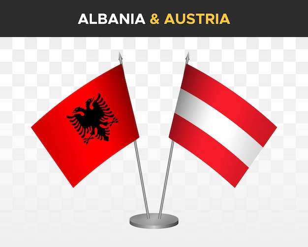 Maqueta de banderas de escritorio de albania y austria aisladas en banderas de mesa de ilustración de vector 3d blanco