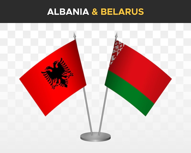 Maqueta de banderas de escritorio de Albania y Bielorrusia aisladas en banderas de mesa de ilustración de vector 3d blanco