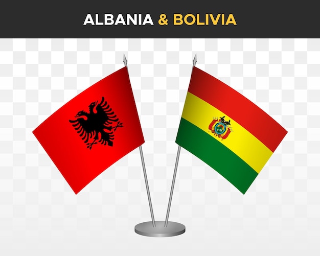 Maqueta de banderas de escritorio de Albania y Bolivia aisladas en banderas de mesa de ilustración de vector 3d blanco