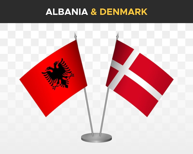 Maqueta de banderas de escritorio de Albania y Dinamarca aisladas en banderas de mesa de ilustración de vector 3d blanco