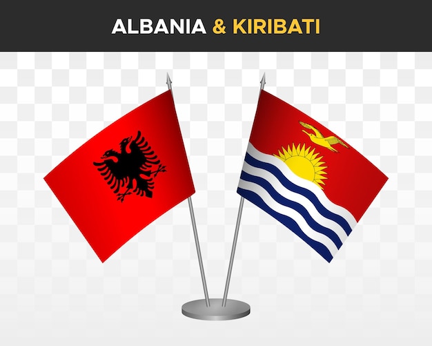Maqueta de banderas de escritorio de Albania y Kiribati aisladas en banderas de mesa de ilustración de vector 3d blanco