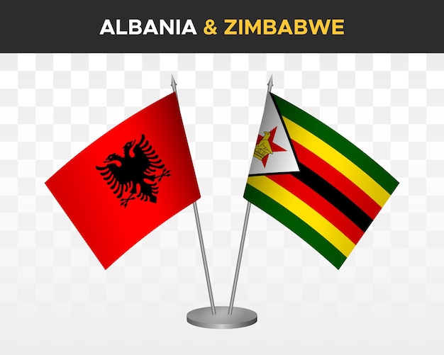 Maqueta de banderas de escritorio de Albania y Zimbabue aisladas en banderas de mesa de ilustración de vector 3d blanco
