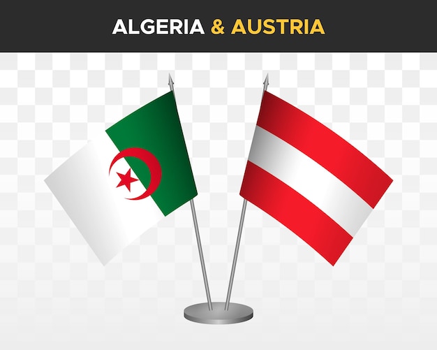 Maqueta de banderas de escritorio de Argelia y Austria aisladas en banderas de mesa de ilustración de vector 3d blanco