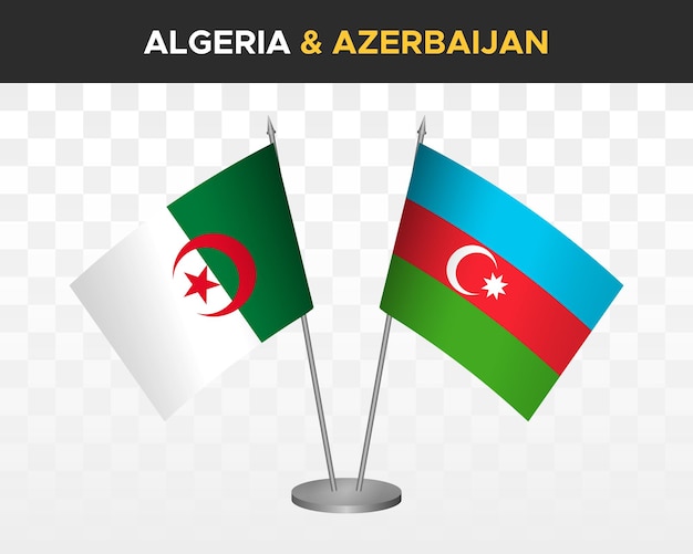 Maqueta de banderas de escritorio de Argelia y Azerbaiyán aisladas en banderas de mesa de ilustración de vector 3d blanco
