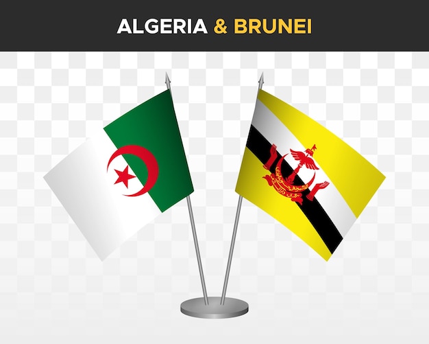 Maqueta de banderas de escritorio de argelia y brunei aisladas en banderas de mesa de ilustración de vector 3d blanco