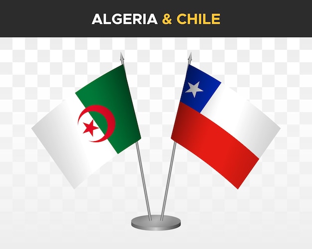 Maqueta de banderas de escritorio de Argelia y Chile aisladas en banderas de mesa de ilustración de vector 3d blanco