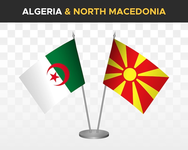 Maqueta de banderas de escritorio de Argelia y Macedonia del Norte aisladas en banderas de mesa de ilustración de vector 3d blanco