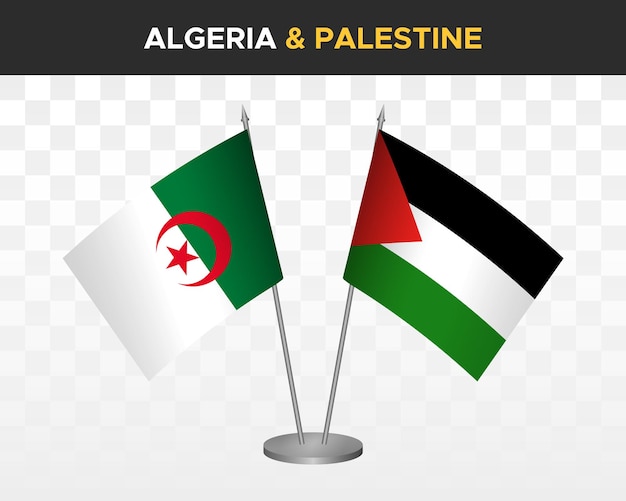 Maqueta de banderas de escritorio de Argelia y Palestina aisladas en banderas de mesa de ilustración de vector 3d blanco