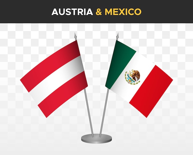 Maqueta de banderas de escritorio de austria vs méxico banderas de mesa de ilustración vectorial 3d aisladas