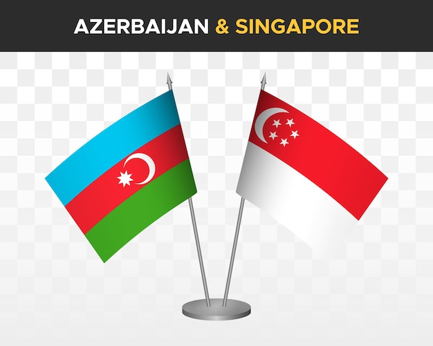 Maqueta de banderas de escritorio de Azerbaiyán vs Singapur banderas de mesa de ilustración vectorial 3d aisladas