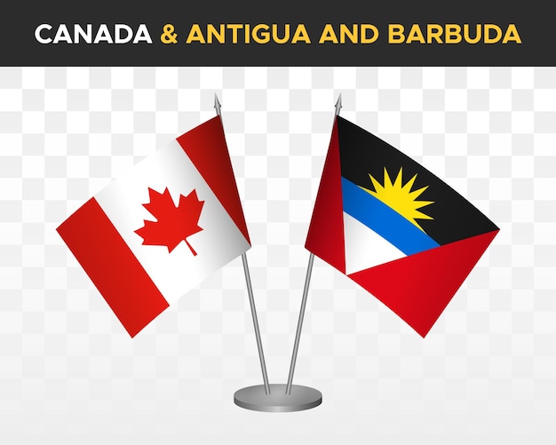 Maqueta de banderas de escritorio de Canadá vs Antigua Barbuda aislada en banderas de mesa de ilustración de vector 3d blanco