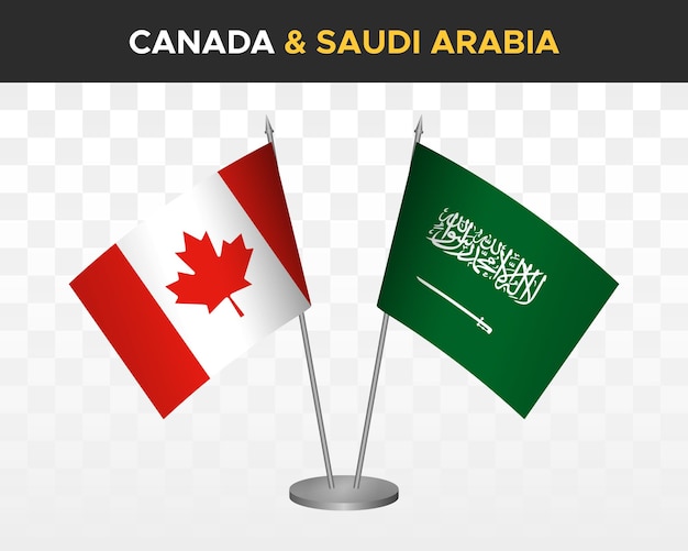 Maqueta de banderas de escritorio de Canadá vs Arabia Saudita aislado en banderas de mesa de ilustración de vector 3d blanco