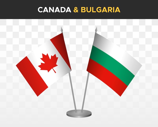 Maqueta de banderas de escritorio de Canadá vs Bulgaria aisladas en banderas de mesa de ilustración de vector 3d blanco