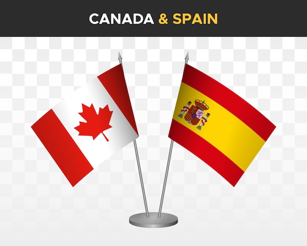Maqueta de banderas de escritorio de Canadá vs España aisladas en banderas de mesa de ilustración de vector 3d blanco