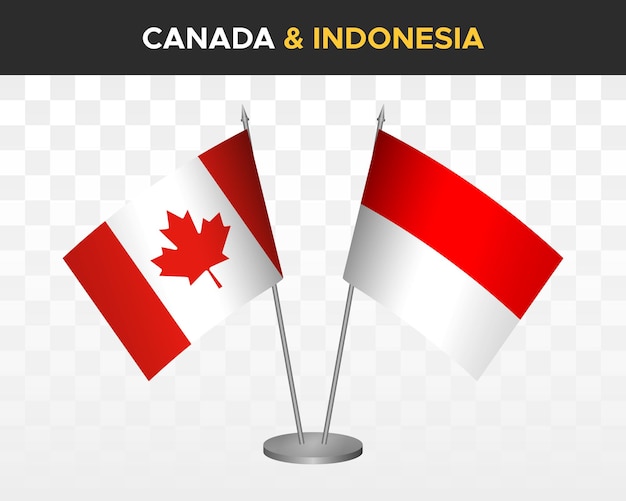 Maqueta de banderas de escritorio de Canadá vs Indonesia aisladas en banderas de mesa de ilustración de vector 3d blanco