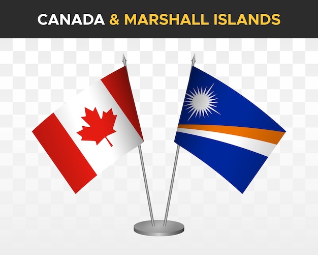 Maqueta de banderas de escritorio de Canadá vs Islas Marshall aisladas en banderas de mesa de ilustración de vector 3d blanco