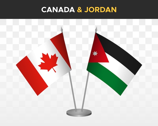 Maqueta de banderas de escritorio de Canadá vs Jordania aisladas en banderas de mesa de ilustración de vector 3d blanco