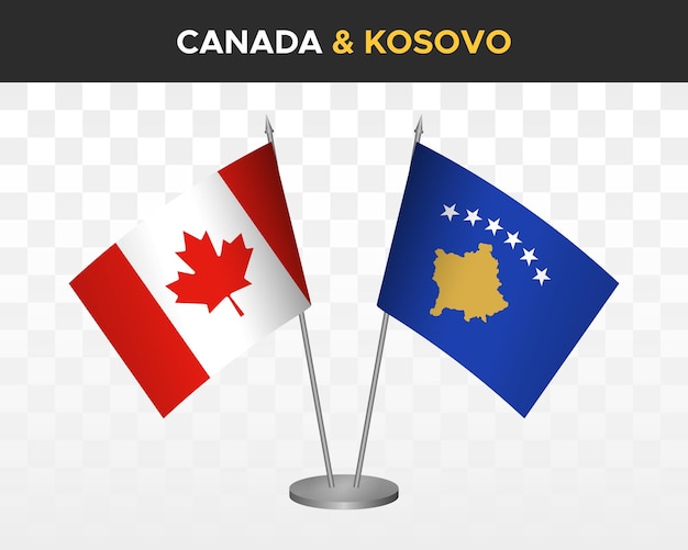 Maqueta de banderas de escritorio de Canadá vs Kosovo aislado en banderas de mesa de ilustración de vector 3d blanco