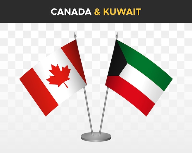 Maqueta de banderas de escritorio de Canadá vs Kuwait aislado en banderas de mesa de ilustración de vector 3d blanco