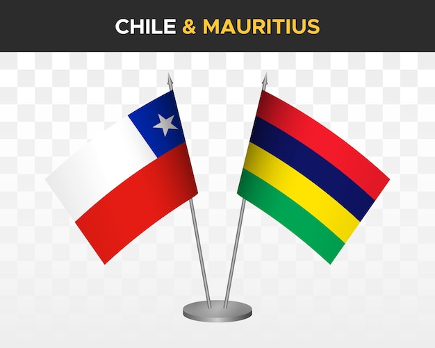 Maqueta de banderas de escritorio de Chile vs Mauricio banderas de mesa de ilustración vectorial 3d aisladas