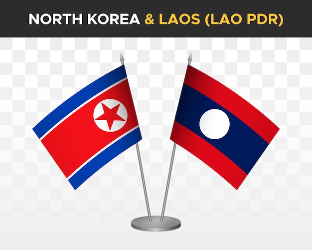 Maqueta de banderas de escritorio de Corea del Norte vs Laos banderas de mesa de ilustración vectorial 3d aisladas