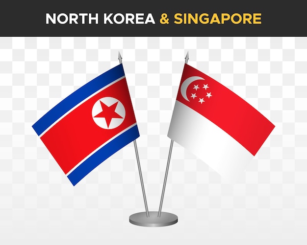 Maqueta de banderas de escritorio de Corea del Norte vs Singapur banderas de mesa de ilustración vectorial 3d aisladas