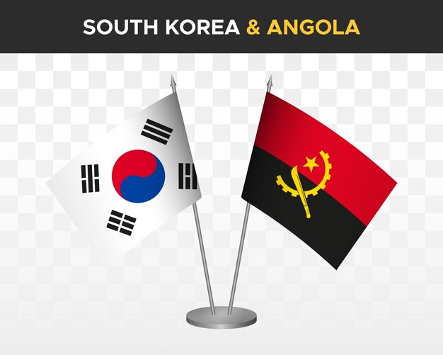 Maqueta de banderas de escritorio de corea del sur vs angola banderas de mesa de ilustración vectorial 3d aisladas
