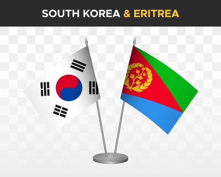 Vector maqueta de banderas de escritorio de corea del sur vs eritrea banderas de mesa de ilustración vectorial 3d aisladas
