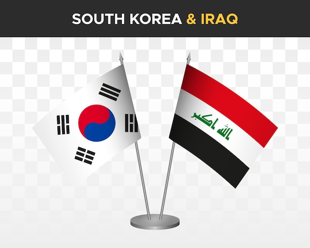 Maqueta de banderas de escritorio de corea del sur vs irak banderas de mesa de ilustración vectorial 3d aisladas