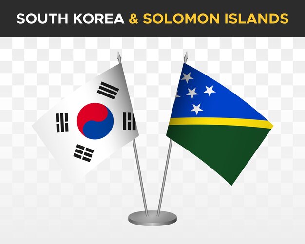 Maqueta de banderas de escritorio de corea del sur vs islas salomón banderas de mesa de ilustración vectorial 3d aisladas