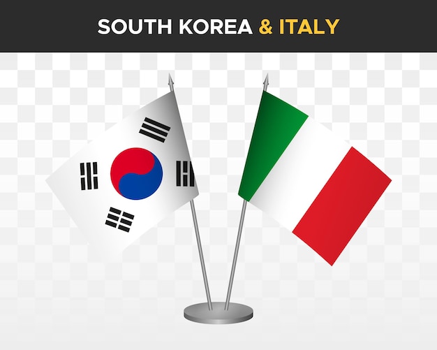 Maqueta de banderas de escritorio de corea del sur vs italia banderas de mesa de ilustración vectorial 3d aisladas