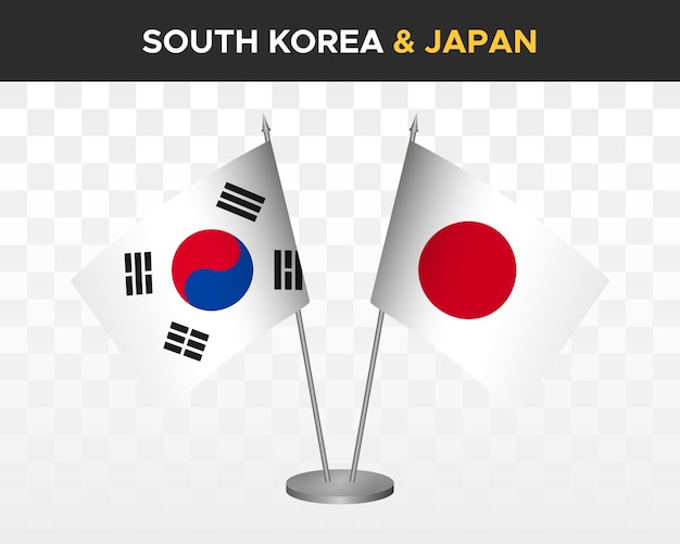 Maqueta de banderas de escritorio de corea del sur vs japón banderas de mesa de ilustración vectorial 3d aisladas