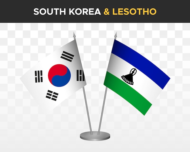 Maqueta de banderas de escritorio de corea del sur vs lesotho banderas de mesa de ilustración vectorial 3d aisladas
